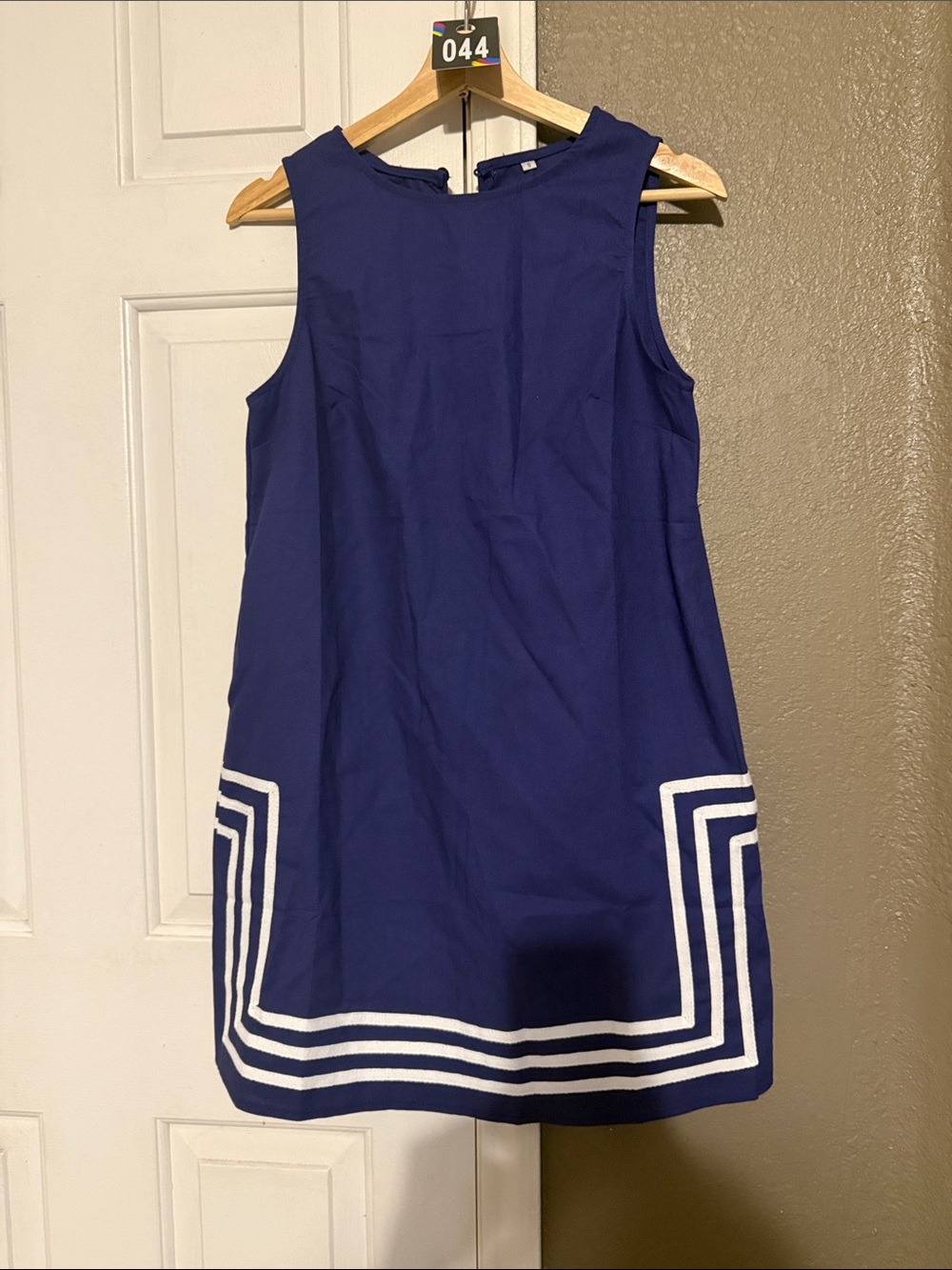 Linen blend Navy Blue Sleeveless Dress with White Trim